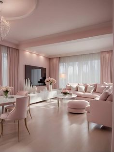 a living room filled with furniture and pink walls