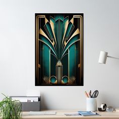 an art deco poster hanging on the wall next to a desk with a plant in it