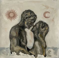 a painting of two people sitting next to each other in front of a sun and sky