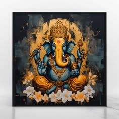 a painting of an elephant with flowers on it's head and two hands in the air