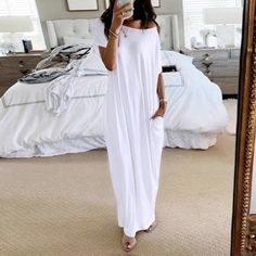 Women Maxi Off Shoulder White Knit Dress Maxi Casual Off Shoulder Oversized Fit White Relaxed Fit Maxi Dress For Loungewear, White Oversized Casual Maxi Dress, Oversized White Casual Maxi Dress, White Oversized Maxi Dress, Casual White Shift Maxi Dress, White Long Maxi Dress For Loungewear, White Shift Maxi Dress For Vacation, Casual Short Sleeve Dress, White Maxi Dress