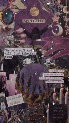 an altered collage of witches and other things in purple, pink, black and white