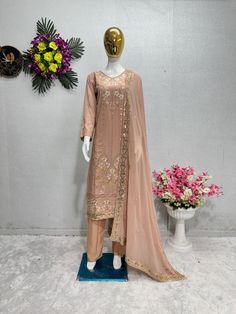 Top fabrics : heavy fuax georgette  chiffon with heavy embroidered 5 mm sequnce work top length : 46 " pant : crepe cotton  dupatta :  georgette  chiffon with full embroidery 5 mm sequences Chiffon Outfit, Work Tops, Top Fabric, Salwar Suits, Cash On Delivery, News Design, Passion For Fashion, Free Size, Favorite Outfit