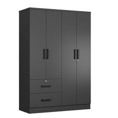 Add an elegant touch to your home decor with the WPFurniture Luna Modern Wood 4 Doors 2 Drawers Armoire. Crafted from high-quality laminated engineered wood, the Luna Modern Wood 4 Doors 2 Drawers Armoire is designed for greater sturdiness and durability. The free-standing wardrobe has two cabinets and two exterior drawers. The large cabinet is covered by two lockable doors and includes a clothing rod and a top shelf. The smaller cabinet also has two doors and includes clothing rod and two remov Modern Wardrobe Furniture, 2 Doors Wardrobe Design, Wardrobe Design Bedroom Black, Cloth Cabinet Design, Wadrobe Doors, Black Wardrobe Furniture, Wardrobe And Bed Design, 4 Doors Wardrobe, Four Door Wardrobe