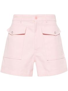 pale pink cotton blend twill weave tonal stitching mid-rise belt loops waist tabs two side inset pockets two front press stud-fastening flap pockets thigh-length logo tag to the rear two rear patch pockets wide leg concealed fly and button fastening Cotton Shorts With Flap Pockets, Workwear Cargo Shorts With Patch Pockets, Cargo Shorts With Patch Pockets For Work, Pink High-waisted Shorts With Pockets, Short Cotton Shorts With Flap Pockets, Cotton Cargo Shorts With Patch Pockets For Work, Pink Cotton Bottoms With Patch Pockets, Summer Cotton Cargo Shorts With Flap Pockets, High-waisted Cotton Cargo Shorts For Work