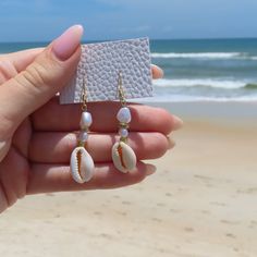 Shell Earrings, Pearl Earrings, Beach Earring, Cowrie Shell, Dangle Drop Earrings, Vacation, Beach, Gold Bohemian Dangle Earrings For Beach, Bohemian Earrings With Ear Wire For Vacation, Bohemian Drop Earrings For Vacation, Single Drop Earring For Vacation, Nickel-free Bohemian Earrings For Vacation, Bohemian Nickel-free Earrings For Vacation, Bohemian Nickel Free Earrings For Vacation, Summer Vacation Earrings With Ear Wire, Summer Vacation Ear Wire Earrings