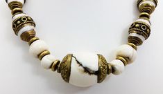 Handmade Tibetan/Nepal Brass Capped Sacred Chank Bead Necklace w/ Shell & Brass Beads Jewelry Artist, Felt Hearts, Tube Beads, White Beads, Artistic Jewelry, Handmade Necklace, Brass Chain, Bead Necklace, Nepal