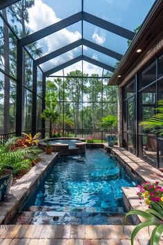 Lagoon Style Pool Backyards, House Pool Ideas Backyard, Swimming Pool Inspiration, Pool Enclosure Landscaping, Sunroom Pool Ideas, Pool Covering Ideas, Pool Home Ideas, Rock Pools Backyard, Covered Pool Ideas