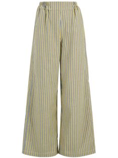 green cotton halo stripe pattern high-waisted wide leg elasticated waistband Spring Striped High-waisted Wide Leg Pants, Spring Striped Wide Leg Pants With Relaxed Fit, Striped Cotton Wide Leg Pants, Spring Wide Leg Pants With Vertical Stripes, Ankle-length, Wide Leg Ankle-length Pants With Vertical Stripes For Spring, Spring Ankle-length Wide Leg Pants With Vertical Stripes, High-waisted Vertical Stripes Wide Leg Summer Pants, Wide Leg Cotton Bottoms With Vertical Stripes, Summer Vertical Stripes Wide Leg Pants