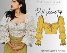 This is a puff sleeve top pattern that has super cool puffy sleeves . this is a digital sewing pattern Pattern Sizes: The pattern includes 9 sizes 00 to 14 US SIZES Puff sleeve top pattern includes 4 PDF files:  ✦Puff sleeve top pattern printable in A4 ✦Puff sleeve top pattern printable in US Letter ✦Puff sleeve top pattern printable in A0  ✦Book Of Instructions include step by step pictures . Pattern Sizes: The pattern includes 9 sizes 00 to 14 US SIZES 1cm/ 0.4 inch Seam allowances already inc Puff Sleeve Top Pattern, Pattern Top Sewing, Balloon Sleeves Pattern, Puffy Sleeves Blouse, Women Sewing, Milkmaid Top, Corset Sewing Pattern, Free Pdf Sewing Patterns, Top Sewing