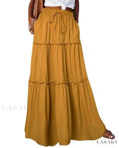 Lasaky - Elegant Chiffon Pleated Maxi Skirt with Ruffled Hem - A Timeless Essential in Solid Color Long Skirt Casual, Look Boho Chic, Long Flowy Skirt, Elastic Skirt, Tiered Midi Skirt, Maxi Rok, Bohemian Skirt, Rock Outfit, Maxi Skirt Boho