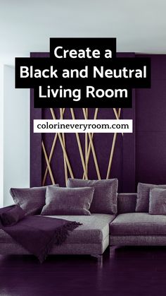 a living room with purple walls and pillows on the couch is featured in this article