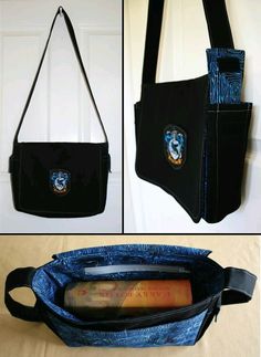 two pictures show the inside of a handbag, one with a book in it