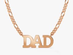 Celebrate your special bond with this necklace featuring the word "DAD." The bold letters and classic design make it a meaningful accessory perfect for Father's Day or any occasion. This necklace is a heartfelt gift to show your love and appreciation. • Material: Sterling Silver, Yellow Gold Vermeil, Rose Gold Vermeil • Chain Style: Figaro Chain • Pendant Width: 20.50 mm x 8.50 mm • Available Lengths: 14", 15", 16", 17", 18", 19", 20", 21", 22", 23", 24" For custom lengths, feel free to contact Dad Necklace, Design Your Own Ring, Bold Letters, Figaro Chain Necklace, Signet Ring Men, Yellow Engagement Rings, Classic Wedding Band, Figaro Chains, Figaro Chain