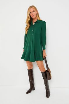 A sophisticated update to the closet staple shirt dress we love, the Hunter Green Crepe Callahan perfectly merges classic and trendy. This mini seamlessly combines functional details like invisible side pockets and a button front half placket with a flirty flutter hemline to create a style that encapsulates unfussy femininity. We are pairing this tailored piece with flats or sneakers for a casual look and switching to heels when the occasion calls for it. Classic collar Long sleeves with button Green Work Dress, Tuckernuck Dress, Plus And Minus, The Hunter, Closet Staples, The Closet, Drop Waist, Hunter Green, Chambray