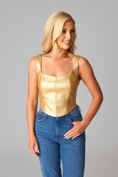 BuddyLove Coco Vegan Leather Corset Top - Gold Chic Fitted Faux Leather Tops, Trendy Fitted Faux Leather Top, Trendy Fitted Faux Leather Tops, Elegant Faux Leather Top For Party, Elegant Leather Party Tops, Chic Fitted Leather Top, Trendy Fitted Leather Tops, Leather Corset Top, Heading Fonts