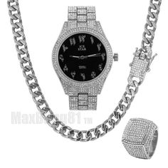 SIMULATED DIAMOND ARABIC ROUND WATCH & ICED BOX LOCK CUBAN CHAIN & CHUKY RING USA SELLER Watch: HIP HOP Style Brand : MaxBling81 Face Diameter : 43mm (Diameter) Band Size : 9" Finish: Silver Plated Case back: Stainless Steel Stone: Lab Simulated Diamonds Movement: Quartz Japan Battery included. Gender: Men's Removable Links (Adjustable) Chain: Brand new Celebrity Rapper Style  Silver plated Full Stone Box Lock High Quality and polished Stone Setting : LAB SIMULATED DIAMOND 10mm 20" Ring : Silver Plated  Simulated Diamonds SIZE : 8~12 Heavy and chunky Retail Price: $140 Payments: US Customers: Paypal accepted International Customers: Paypal accepted Shipping: We combine shipping! We ship via USPS (Post office) First Class Mail. Approximate Delivery Times: US: 3-5 BUSINESS DAYS Canada: 1-2 w Rapper Style, Round Watch, Stone Setting, Cuban Chain, Hip Hop Fashion, Diamond Sizes, Stone Settings, Accessories Watches, Fashion Watches