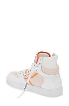 Off-White looks to '80s and '90s athletic shoes to create a modern high-top sneaker with nods to street, basketball and runner aesthetics. Lace-up style Textile and leather upper and lining/rubber sole Made in Italy Designer Shoes Black Owned/Founded Sporty High-top Sneakers With Vulcanized Sole, Urban High-top Basketball Shoes With Vulcanized Sole, Modern Pink High-top Sneakers With Round Toe, Pink Modern High-top Sneakers With Round Toe, Urban Style White Basketball Shoes, High-top Sneakers With Gum Sole For Streetwear, Urban Mid-top Basketball Shoes With Vulcanized Sole, White Custom Sneakers For Streetwear In Athleisure Style, White Custom Sneakers For Streetwear