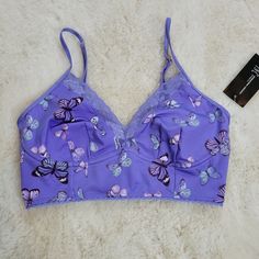 Purple Butterfly Print Bra/ Bralette, Size Small, Beautiful Print Purple Fitted Bra With Adjustable Straps, Summer Underwire Bra In Purple, Purple Underwire Summer Bra, Fitted Purple Bra With Adjustable Straps, Purple Underwire Bra For Summer, Summer Purple Underwire Bra, Summer Purple Seamless Bra, Summer Seamless Purple Bra, Purple Fitted Bra For Spring