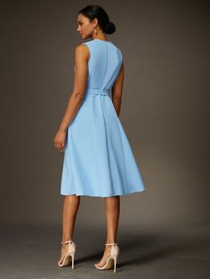 Floral Embroidered Dress With Belt | stylewe Silk Knee-length Dress For Wedding Guests, Silk A-line Dress For Wedding Guest, Chic A-line Occasion Wear Dresses, Chic A-line Occasion Dress, Spring Silk Dress For Wedding Guests, Elegant Sleeveless Silk Dress For Work, Summer Satin Dress For Workwear, Fitted V-neck Dress, Elegant Blue Sleeveless Silk Dress