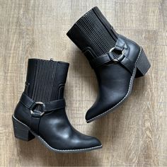 Black Western Ankle Boot. Never Worn. Us9 Uk7 Eu40 Western Black Heeled Boots With Block Heel, Western Black Boots With Block Heel, Black Western Boots With Block Heel, Western Style Black Heeled Boots With Block Heel, Black Mid-calf Boots With Buckle Closure For Fall, Black Ankle-high Boots With Buckle Closure, Black High Heel Moto Boots Medium Width, Black Block Heel Moto Boots For Winter, Black Western Style Mid-calf High Heel Boots