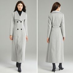 "The Gary Long Wool Coat is made of warm wool,The coat has a deep v-neckline. This is a modern coat for the woman who wants something elegant and beautiful,Look great in this cozy, comfortable wool coat. ★★ FEATURES 50% wool, 50% other fiber,nylon Polyester lining Two pockets Buttons closure Long sleeve wool coat A-Line wool coat Perfect for winter, autumn Dry clean ★★Mode size Height 170cm (5′ 7″) Bust 84 cm (33\") Waist 66 cm (26\") She wears size XS. ★★ Custom order selection, Will charge 20U Fitted V-neck Outerwear With Double Button Closure, Classic V-neck Winter Outerwear, Elegant V-neck Winter Outerwear, Solid Single Breasted V-neck Outerwear, Solid Single-breasted V-neck Outerwear, Gray Winter Wool Coat For Office, V-neck Sweater Coat For Winter Workwear, Gray Fitted Winter Pea Coat, Fitted Gray Winter Pea Coat