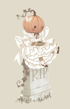 a drawing of a pumpkin sitting on top of a tombstone with the word rip written below it