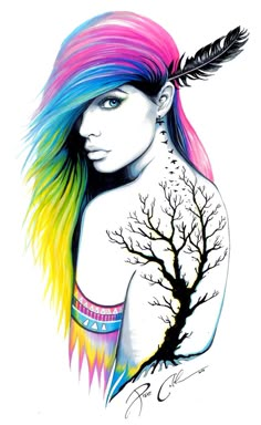 a drawing of a woman with colorful hair and feathers on her head, holding a tree