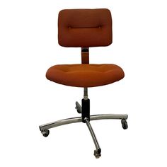 an orange office chair with wheels on the back and seat upholstered to it