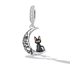 black cat on moon pendant Cat Sitting On Moon, Sitting On Moon, Cat On Moon, Black Cat Sitting, The Black Cat, Halloween Charms, A Black Cat, Silver Jewelry Earrings, Handmade Fashion Jewelry