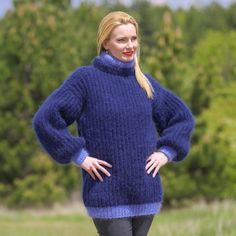 "READY TO SHIP  THICK AND FUZZY HAND KNITTED MOHAIR SWEATER by SuperTanya Brand: SuperTanya; Style: hand knitted mohair sweater; Material: premium class mohair; Color: Blue; Design: Ribbed design mohair sweater; Size L-XL Body length, measured from the shoulder top to the bottom end: 26.8″ / 68 cm; Chest width, measured at the back, between the underarms: 22.8″ / 58 cm; Sleeve length, measured from the neckline to the end of the cuff: 29.5″ / 75 cm Mock turtleneck: 3.5\" / 9 cm Net weight: 1.070 Cozy Blue Mohair Sweater, Fall Blue Knitting Pattern, Blue Fall Knitting Pattern, Blue Hand Knitted Mohair Sweater, Blue Hand-knitted Mohair Sweater, Blue Mohair Knitted Sweater, Fitted Blue Chunky Knit Sweater, Mohair Sweater, Sweater Material