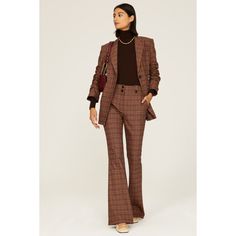 Brown plaid (49% Viscose, 48% Cotton, 3% Elastane). Pants. Front zipper fly with button closure. 33" inseam. 11.5" rise. Imported. Fall Business Wide-leg Pants, Business Pants For Fall, Tailored High-waisted Dress Pants For Fall, Tailored High-waisted Fall Dress Pants, Plaid Straight Leg Pants For Fall, Tailored Wide Leg Pants For Business In Fall, Plaid Trousers For Office, Plaid Bottoms For Business In Fall, Brown Office Pants For Fall