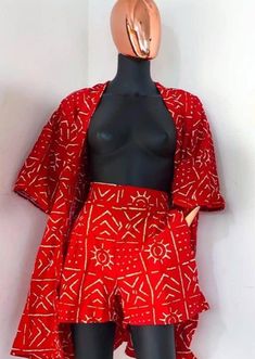 The AvaApparel African print women's matching set is the piece your wardrobe's been waiting for. Perfect for all occasions including weddings, anniversaries, baby dedication, religious services, bridal showers and parties.  Please DM for custom measurements  Bust - Tape around the chest  Under bust - Tape from shoulder to under breast  Hips - Tape around butt Waist - Tape around navel Top length - Tape from shoulder to where you need your top to be at  Short length - Tape from waist to desired l Cotton Sets With Kimono Sleeves For Summer, Summer Cotton Sets With Kimono Sleeves, Red Cotton Short Sets, Fitted Red Summer Kimono, Cotton Sets With Built-in Shorts, Chitenge Outfits, Moda Afro, Mode Kimono, African Print Clothing