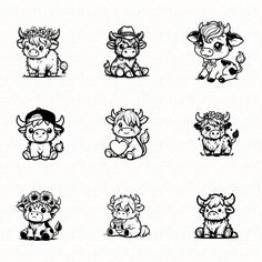 six black and white images of cows with hats on their heads, sitting in different positions