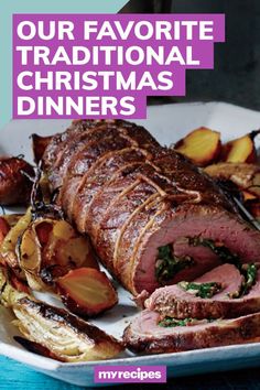 a plate with roast beef and potatoes on it that says our favorite traditional christmas dinners