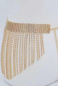 Cleo Belt Fringe rhinestone curtain belt with buckle closure. Adjustable Rhinestone Party Belts, Gold Rhinestone Party Belt, Gold Chain Belt With Rhinestones For Party, Gold Rhinestone Chain Belt For Party, Jem Costume, Fringe Belt, Belt With Buckle, Bracelets Easy, Fringed Belt