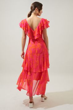 Sunburst Ruffle Tiered Sinclair Midi Dress – Sugarlips Hot Pink Bridesmaid Dresses, Hot Pink Bridesmaids, Sleeved Wedding, Simple Accessories, Pink Bridesmaid Dresses, Ruffle Midi Dress, Guest Dress, Dance Dresses, Strappy Heels