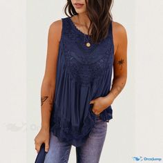 Orcajump - Sleeveless Lace Blouse: Loose Fit, Round Neck, Pullover Tank Top Sleeveless Lace Blouse, Lace Sleeveless Top, Lace Blouse, Round Neckline, Lace Top, Round Neck, Loose Fitting, Tank Top, Tank Tops