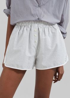 Mel Boxer Shorts - Black/White Stripe – The Frankie Shop Striped Shorts For Daywear, Cotton Bottoms With Button Closure For Daywear, Striped Cotton Bottoms With Button Closure, White Cotton Pajama Shorts, Striped Cotton Bottoms With Buttons, Casual Summer Shorts With Button Closure, Summer Shorts With Button Closure For Daywear, Summer Button Closure Shorts For Daywear, Casual Daywear Shorts With Buttons