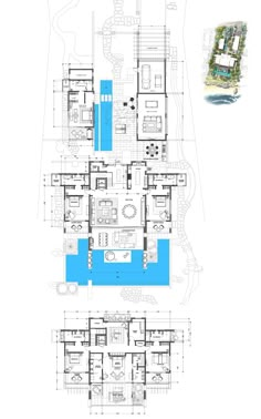 the floor plan for an apartment complex with swimming pool and two separate rooms, which are connected