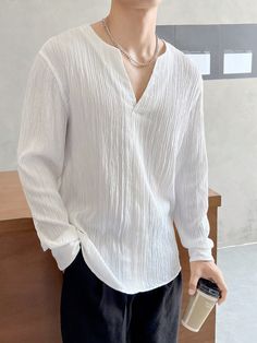 Men Solid Notched Neck Plain Long Sleeve Shirt, For Vacation White Casual  Long Sleeve Woven Fabric Plain Top Non-Stretch  Men Clothing, size features are:Bust: ,Length: ,Sleeve Length: Angel Core Outfits Men, White Top Outfit Men, Ethereal Outfit Men, Outfits For Men Aesthetic, Simple Outfits Men, Feminine Male Outfits, Loose Shirt Outfit, Summer Clothes Men, Silk Top Outfit