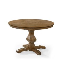 a round wooden table with four leaves on the top and two legs, in an oak finish