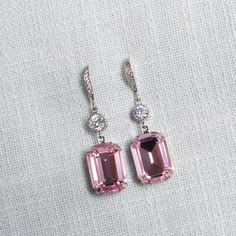 Handmade Swarovski Light Rose Pink Emerald Cut Crystal & CZ Dangle Bridal Earrings, Bridal, Wedding Elegant Square Cut Jewelry For Weddings, Square Cut Cubic Zirconia Earrings For Wedding, Square Cut Cubic Zirconia Wedding Earrings, Elegant Octagon Wedding Earrings, Octagon Earrings For Wedding, Sterling Silver Square Cut Jewelry For Wedding, Sterling Silver Square Cut Wedding Jewelry, Square Cut Sterling Silver Jewelry For Weddings, Sterling Silver Rectangular Earrings For Wedding