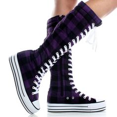 Purple Knee-high Converse How To Wear White Converse, Emo Shoes, White High Top Converse, Purple Canvas, Purple Shoes, High Shoes