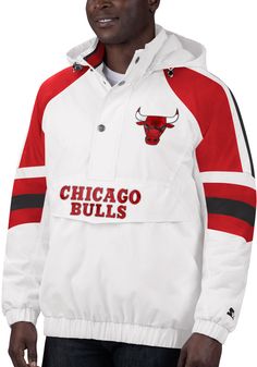 You'll be cozy as cheer on the Bulls in this Chicago Bulls White Pullover Jackets! This Chicago Thursday Night Pullover features a white body with team color accents on sleeves and detachable hood with twill applique team logo at left chest and team wordmark on front pocket flap. Wear your team spirit with pride in this Pullover Jackets even in the coldest weather! Go Bulls! Varsity Sports Windbreaker With Ribbed Cuffs, Varsity Hooded Track Jacket For Sports Events, Hooded Track Jacket With Ribbed Cuffs For Sports, White Varsity Outerwear With Embroidered Logo, Casual Team-colored Track Jacket For Fans, Casual Team-colored Track Jacket, White Sporty Outerwear With Logo Detail, Sporty White Outerwear With Logo Detail, Casual White Windbreaker For College