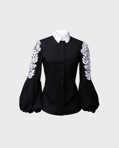 Anne Fontaine Women's Laora-H19 Black/white, Size: 40 Parisian Chic Fashion, High Collar Blouse, Ladylike Dress, Embroidery Detailing, Top Background, Cover Background, Bow Blouse, Poplin Shirt, New Tops