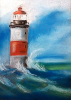 a painting of a lighthouse in the ocean