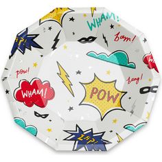 a paper party plate with comic characters and words on the plates, all in different colors