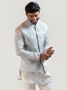 Elegant Nehru Jacket With Chikankari Embroidery, Semi-formal Long Sleeve Nehru Jacket For Spring, Embroidered Nehru Jacket For Formal Spring Events, Spring Embroidered Nehru Jacket For Formal Occasions, Spring Formal Embroidered Nehru Jacket, Festive Nehru Jacket With Stand Collar For Spring, Spring Festive Bandhgala With Stand Collar, Cutdana Work, Motif Embroidery