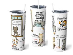 three travel mugs with cats and dogs on them, one has a straw in it